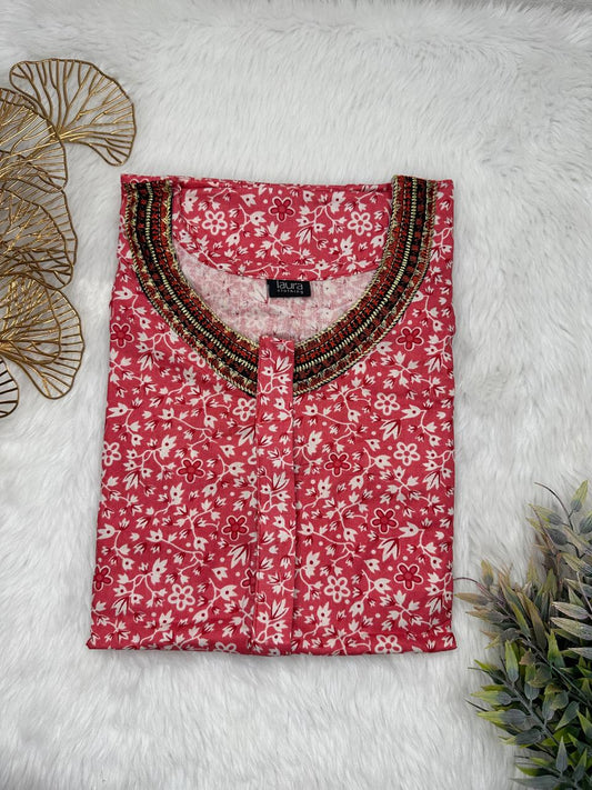 Vivid Burgundy Printed 12" Long Zip Pure Cotton Matching Neck Embroidery Feeding Nighty Free Size Short Sleeve (Suits for bra size 34″- 40″ | 54-56 inch length)