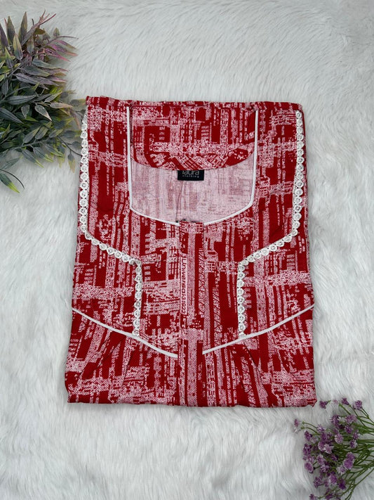 Maroon Printed Square Neck Centre Long 12" Zip Pure Cotton Feeding Nighty Free Size Short Sleeve (Suits for bra size 34″- 40″ | 54-56 inch length)