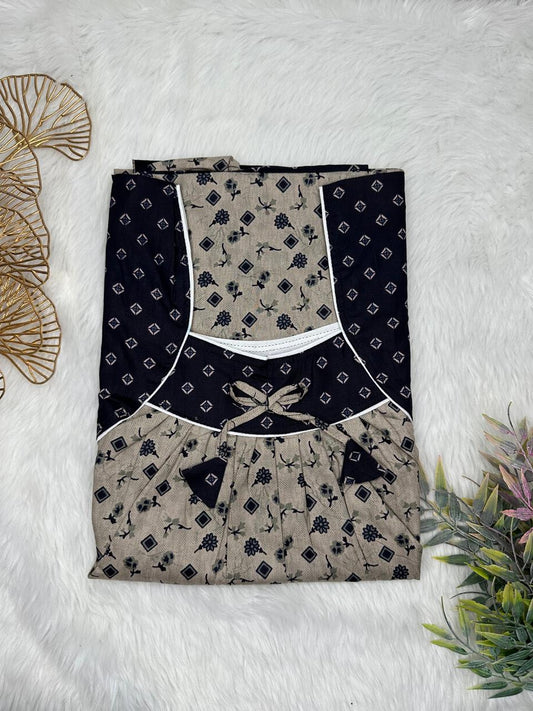 Grullo Printed Front and Onyx Pleated Pure Cotton Nighty Free Size Short Sleeve (Suits for bra size 34″- 40″ | 54-56 inch length)
