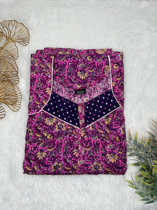 Mulberry Printed Square Neck Pleated Zip Pure Cotton Nighty Free Size Short Sleeve (Suits for bra size 34″- 40″ | 54-56 inch length)