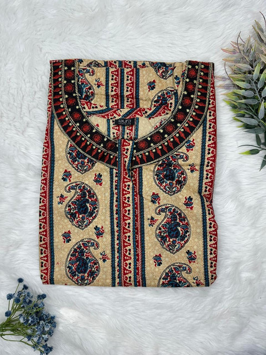 Ecru Printed 12" Long Zip Matching Embroidery Neck Pure Cotton Feeding Nighty Plus Size Short Sleeve (Suits for bra size 40″- 46″ | 54"-56" inch length)