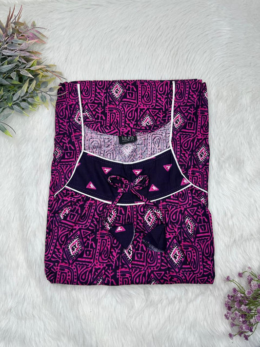 Fandango Printed Square Neck No Zip Pleated Pure Cotton Nighty Free Size Short Sleeve (Suits for bra size 34″- 40″ | 54-56 inch length)