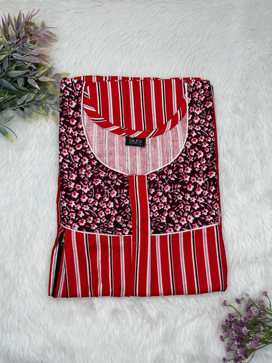 Dark Candy Red and Seal Brown Printed Round Neck Pleated Pure Cotton Feeding Nighty With Two Side Vertical Zip and Single Centre Zip Free Size Short Sleeve (Suits for bra size 34″- 40″ | 54-56 inch length)