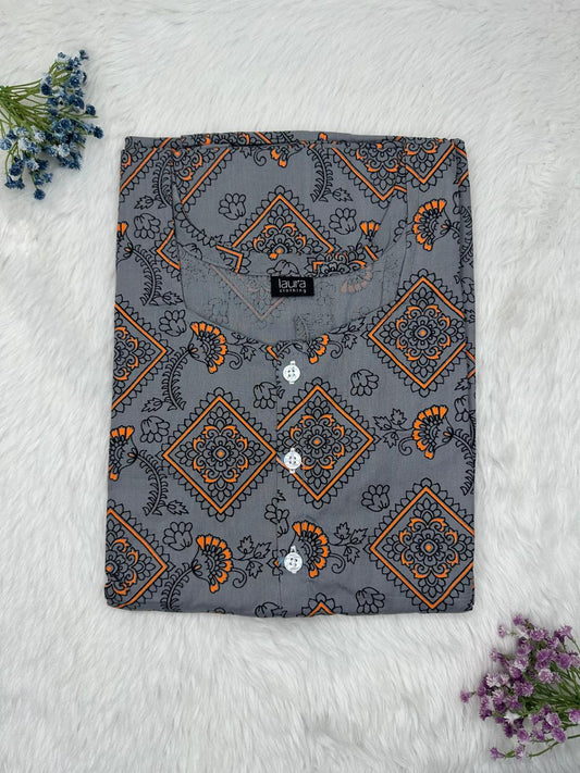 Dim Gray Printed Round Neck Pure Cotton Full Open Button Labour Room Nighty Free Size Short Sleeve (Suits for bra size 34″- 40″ | 54-56 inch length)