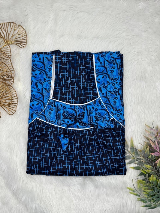 Onyx Printed Front and Tufts Blue Pleated Pure Cotton Nighty Free Size Short Sleeve (Suits for bra size 34″- 40″ | 54-56 inch length)