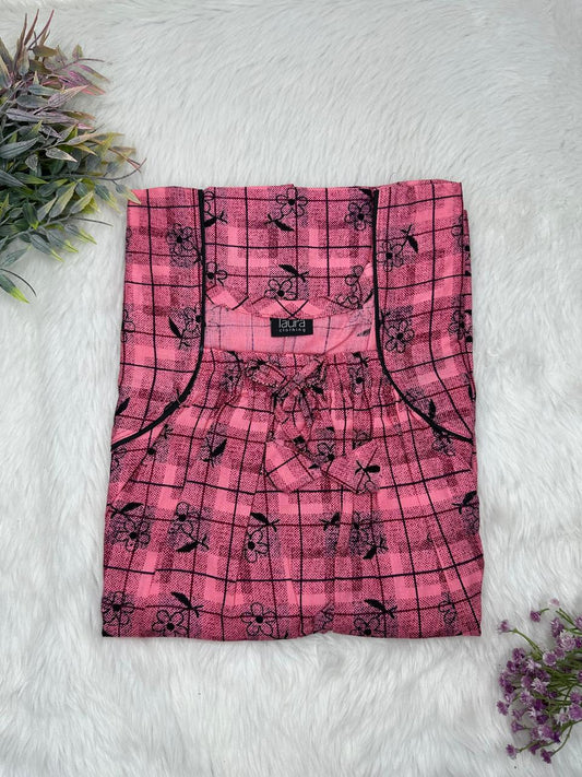 Light Crimson Printed Cotton Square Neck Elastic Pleated Nighty Free Size Short Sleeve (Suits for bra size 34″- 40″ | 54-56 inch length)