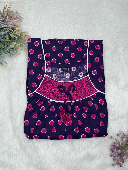 Persian Indigo Printed Square Neck No Zip Pleated Pure Cotton Nighty Free Size Short Sleeve (Suits for bra size 34″- 40″ | 54-56 inch length)