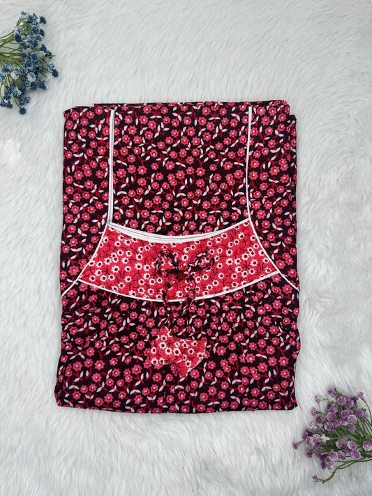 Raspberry Rose Printed Front and Back Pleated Pure Cotton Nighty Free Size Short Sleeve (Suits for bra size 34″- 40″ | 54-56 inch length)