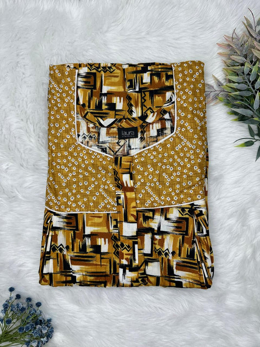 Golden Brown and Field Drab Printed Square Neck Pleated Pure Cotton Feeding Nighty With Two Side Vertical Zip and Single Centre Zip Free Size Short Sleeve (Suits for bra size 34″- 40″ | 54-56 inch length)