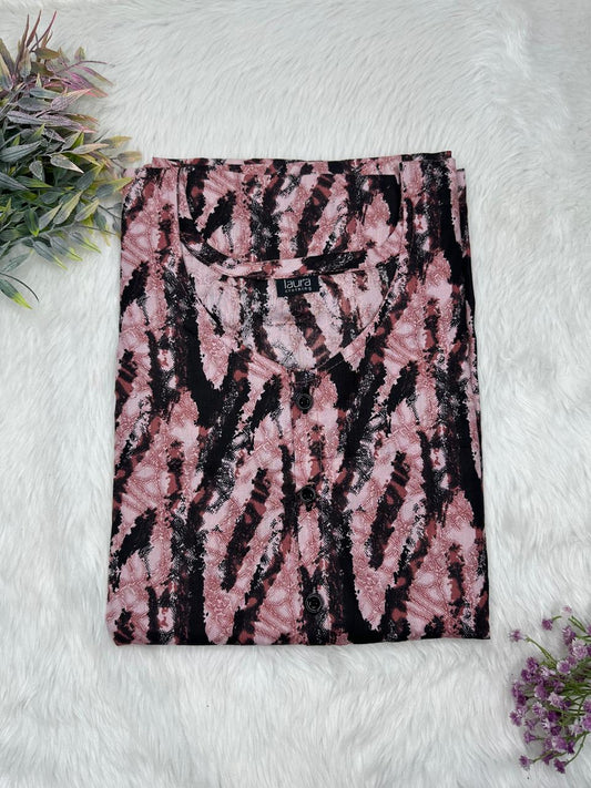 Turkish Rose and Onyx Printed Round Neck Pure Cotton Full Open Button Labour Room Nighty Free Size Short Sleeve (Suits for bra size 34″- 40″ | 54-56 inch length)