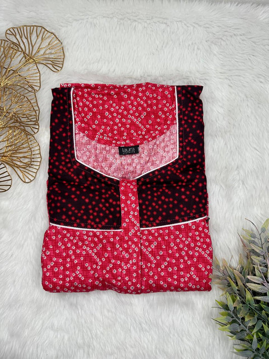 Brick Red and Dark Scarlet Printed Square Neck Pleated Pure Cotton Feeding Nighty With Two Side Vertical Zip and Single Centre Zip Free Size Short Sleeve (Suits for bra size 34″- 40″ | 54-56 inch length)