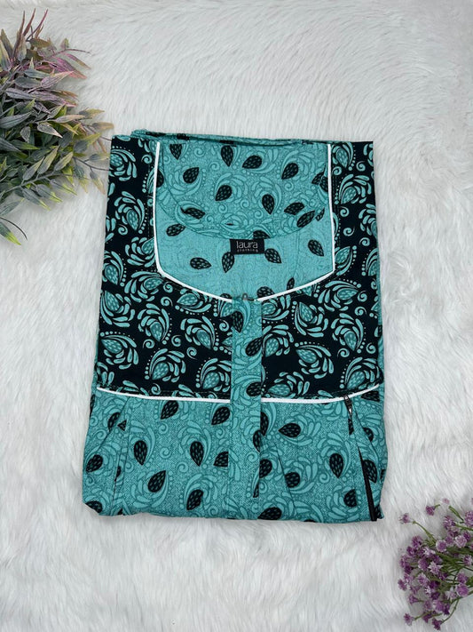 Skobeloff and Onyx Printed Square Neck Pleated Pure Cotton Feeding Nighty With Two Side Vertical Zip and Single Centre Zip Free Size Short Sleeve (Suits for bra size 34″- 40″ | 54-56 inch length)