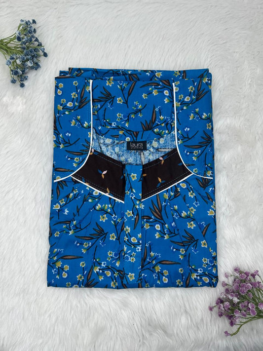 Medium Teal Blue Printed Square Neck Pleated Zip Pure Cotton Nighty Free Size Short Sleeve (Suits for bra size 34″- 40″ | 54-56 inch length)