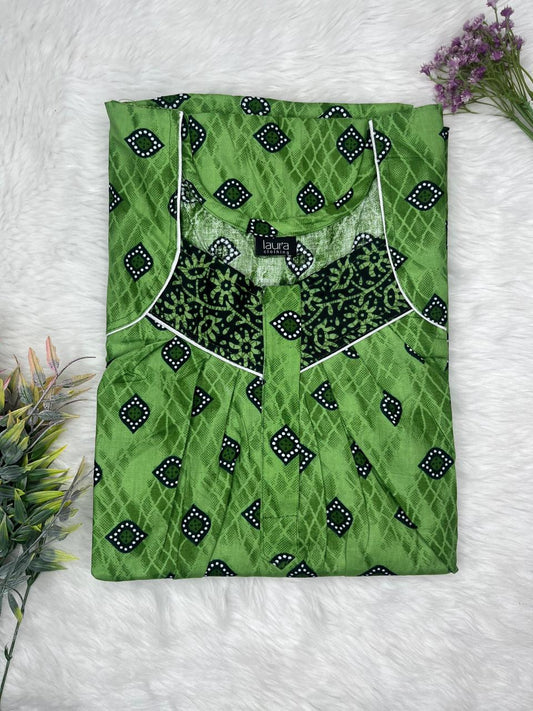 Sap Green Printed Square Neck Pleated Zip Pure Cotton Nighty Free Size Short Sleeve (Suits for bra size 34″- 40″ | 54-56 inch length)