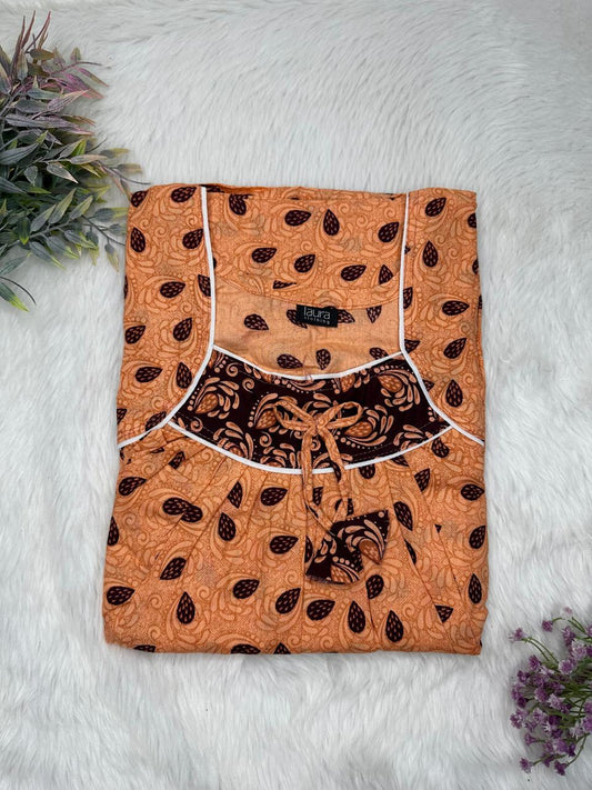 Raw Sienna Printed Square Neck No Zip Pleated Pure Cotton Nighty Free Size Short Sleeve (Suits for bra size 34″- 40″ | 54-56 inch length)