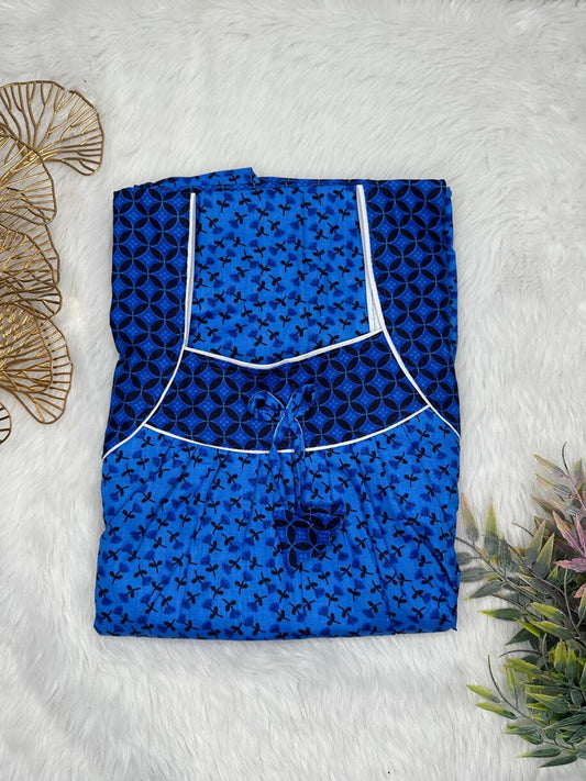 Han Blue Printed Front and Oxford Blue Pleated Pure Cotton Nighty Free Size Short Sleeve (Suits for bra size 34″- 40″ | 54-56 inch length)