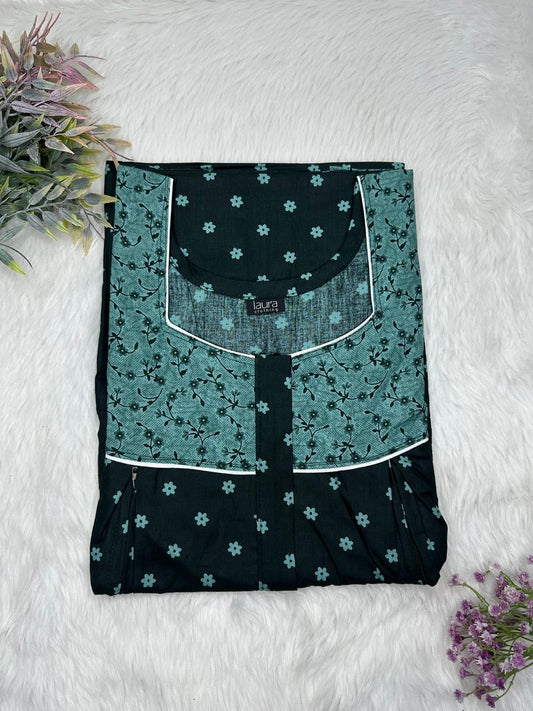 Cadet Blue and Dark Jungle Green Printed Square Neck Pleated Pure Cotton Feeding Nighty With Two Side Vertical Zip and Single Centre Zip Free Size Short Sleeve (Suits for bra size 34″- 40″ | 54-56 inch length)