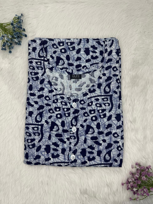 Cadet Grey Printed Round Neck Pure Cotton Full Open Button Labour Room Nighty Free Size Short Sleeve (Suits for bra size 34″- 40″ | 54-56 inch length)