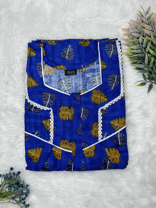 Smalt Leaf Printed Square Neck Centre Long 12" Zip Pure Cotton Feeding Nighty Free Size Short Sleeve (Suits for bra size 34″- 40″ | 54-56 inch length)