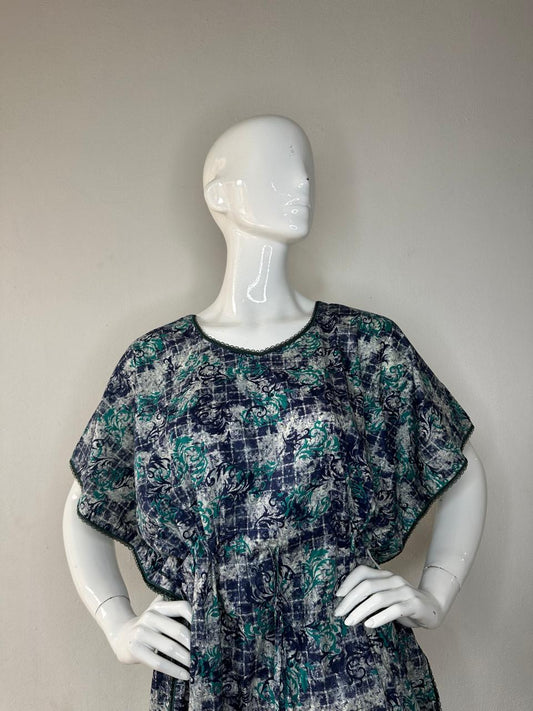 Charcoal and Dark Gray printed Pure Cotton V-Neck Kaftan With Matching Border Lace And Adjustable Tie Free Size (Suits for bra size 34″- 40″) | 54-56 Inch Length