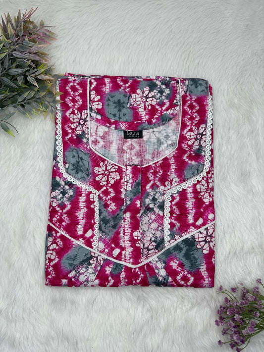 Pansy Purple and Payne Grey Printed Square Neck Normal Zip Pure Cotton Nighty Free Size Short Sleeve (Suits for bra size 34″- 40″ | 54-56 inch length)