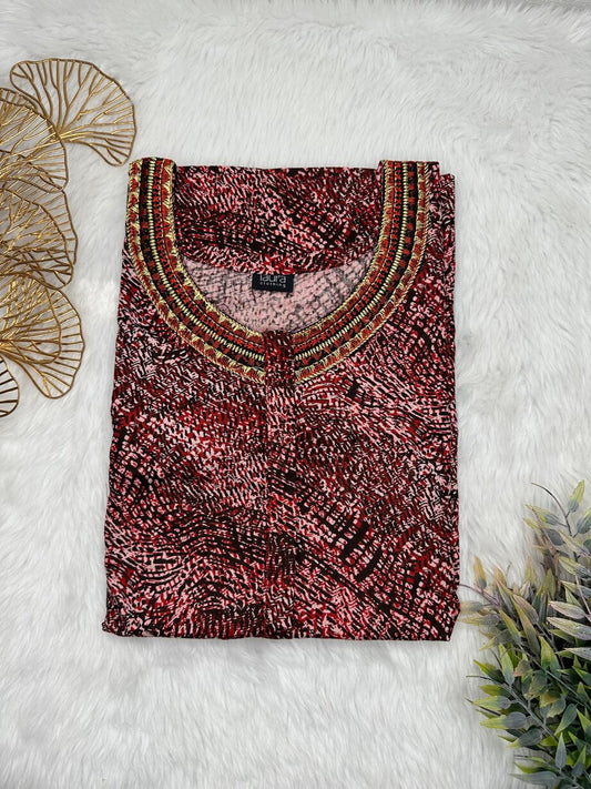 Old Rose and Rosewood Printed 12" Long Zip Pure Cotton Matching Neck Embroidery Feeding Nighty Free Size Short Sleeve (Suits for bra size 34″- 40″ | 54-56 inch length)