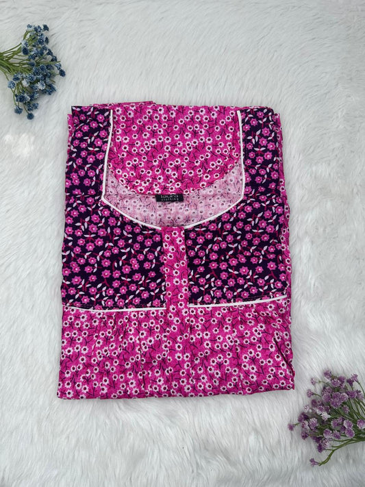 Red Violet Printed Mix N Match Square Neck Pleated Cotton Nighty With Centre -8″ Zip Short Sleeve Free Size (Suits for bra size 34″- 40″ | 54-56 inch length )