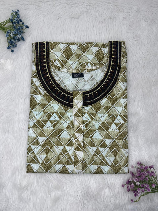 Grullo Printed 12" Long Zip Matching Embroidery Neck Pure Cotton Feeding Nighty Plus Size Short Sleeve (Suits for bra size 40″- 46″ | 54"-56" inch length)