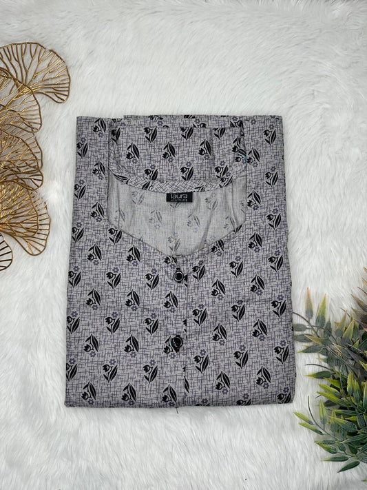 Taupe Gray and Onyx Printed Square Neck Pure Cotton Full Open Button Labour Room Nighty Free Size Short Sleeve (Suits for bra size 34″- 40″ | 54-56 inch length)