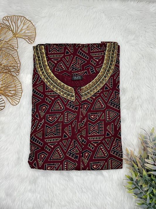 Dark Sienna and Onyx Printed 12" Long Zip Pure Cotton Matching Neck Embroidery Feeding Nighty Free Size Short Sleeve (Suits for bra size 34″- 40″ | 54-56 inch length)