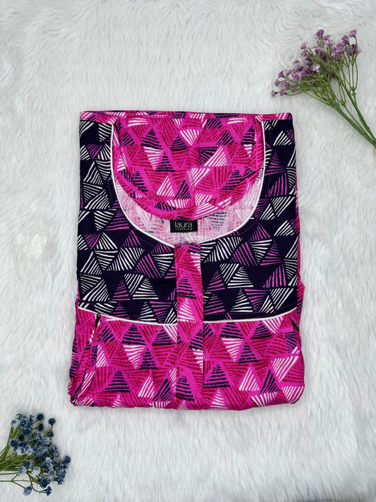 Red Violet and Dark Onyx Printed Round Neck Pleated Pure Cotton Feeding Nighty With Two Side Vertical Zip and Single Centre Zip Free Size Short Sleeve (Suits for bra size 34″- 40″ | 54-56 inch length)