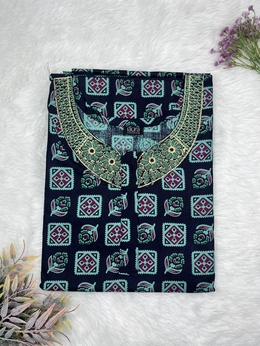 Oxford Blue Printed Normal Zip Pure Cotton Matching Neck Embroidery Nighty Free Size Short Sleeve (Suits for bra size 34″- 40″ | 54-56 inch length)
