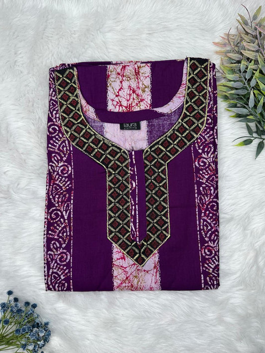 Indigo Printed Normal Zip Embroidery Neck Pure Cotton Maternity Nighty Plus Size Short Sleeve (Suits for bra size 40″- 46″ | 54-56 inch length)