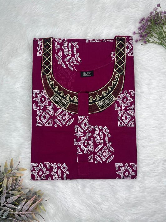 Tyrian Purple Printed Normal Zip Embroidery Neck Pure Cotton Maternity Nighty Plus Size Short Sleeve (Suits for bra size 40″- 46″ | 54-56 inch length)