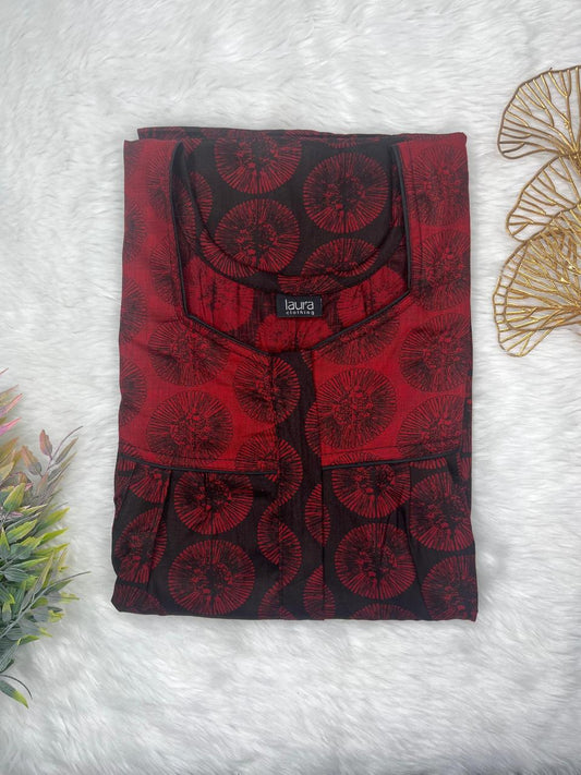 Wine and Vivid Auburn Printed Mix N Match Square Neck Pleated Cotton Nighty With Centre -8″ Zip Short Sleeve Free Size (Suits for bra size 34″- 40″ | 54-56 inch length)