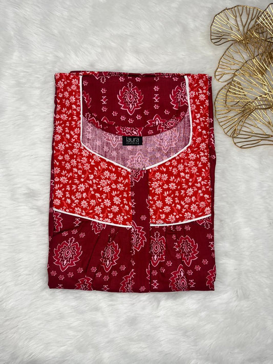 Rosewood Mixed Printed Mix N Match Square Neck Pleated Cotton Nighty With Centre -8″ Zip Short Sleeve Free Size (Suits for bra size 34″- 40″ | 54-56 inch length)