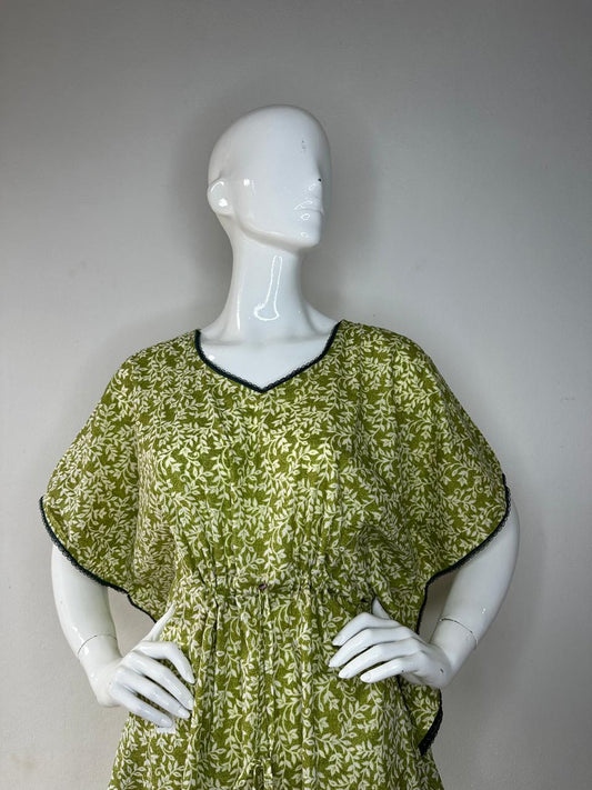 Dark Olive Green and Laurel Green printed Pure Cotton V-Neck Kaftan With Matching Border Lace And Adjustable Tie Free Size (Suits for bra size 34″- 40″) | 54-56 Inch Length