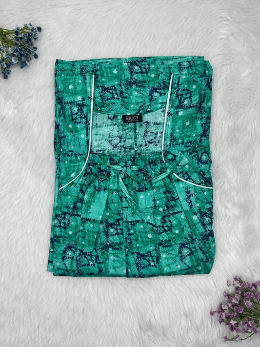 Teal Printed Cotton Square Neck Elastic Pleated Nighty Free Size Short Sleeve (Suits for bra size 34″- 40″ | 54-56 inch length)