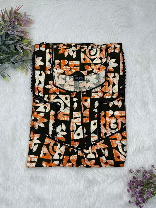 Onyx and Bronze Printed Square Neck Normal Zip Pure Cotton Nighty Free Size Short Sleeve (Suits for bra size 34″- 40″ | 54-56 inch length)