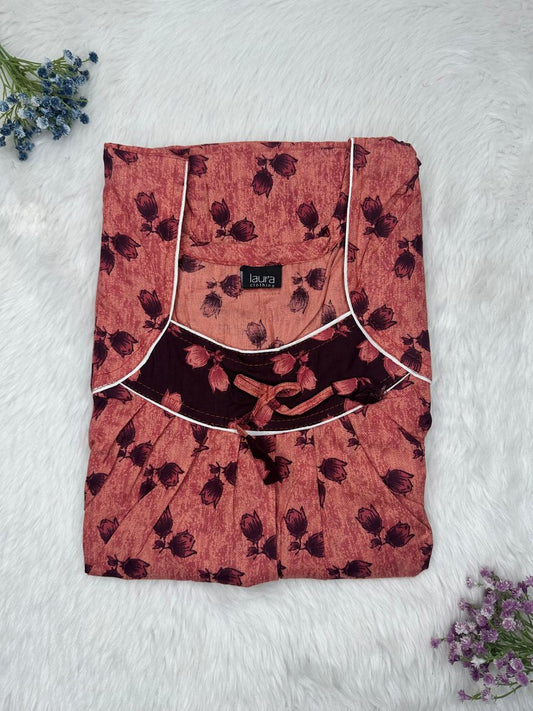 Rose Vale Printed Square Neck No Zip Pleated Pure Cotton Nighty Free Size Short Sleeve (Suits for bra size 34″- 40″ | 54-56 inch length)