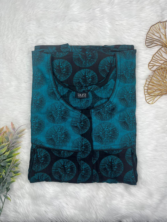 Teal Blue and Onyx Printed Round Neck Pleated Pure Cotton Feeding Nighty With Two Side Vertical Zip and Single Centre Zip Free Size Short Sleeve (Suits for bra size 34″- 40″ | 54-56 inch length)