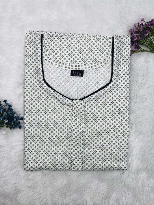 White Dot Printed Square Neck Normal Zip Pure Cotton Nighty Free Size Full Sleeve (Suits for bra size 34″- 40″ | 54-56 inch length)