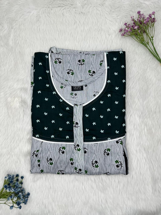 Onyx and Dark Gray Printed Round Neck Pleated Pure Cotton Feeding Nighty With Two Side Vertical Zip and Single Centre Zip Free Size Short Sleeve (Suits for bra size 34″- 40″ | 54-56 inch length)