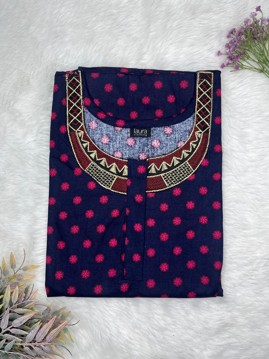 Oxford Blue Printed Normal Zip Embroidery Neck Pure Cotton Maternity Nighty Plus Size Short Sleeve (Suits for bra size 40″- 46″ | 54-56 inch length)