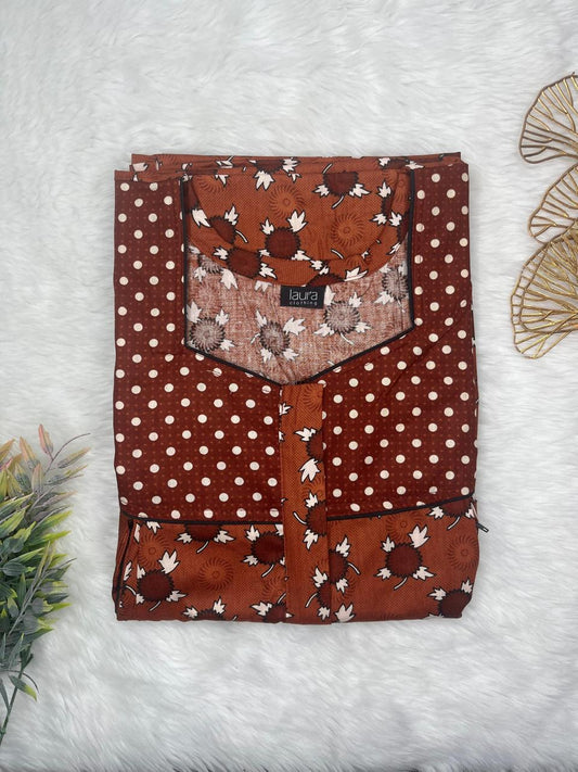 Burnt Umber and Pale Carmine Printed Square Neck Pleated Pure Cotton Feeding Nighty With Two Side Vertical Zip and Single Centre Zip Free Size Short Sleeve (Suits for bra size 34″- 40″ | 54-56 inch length)