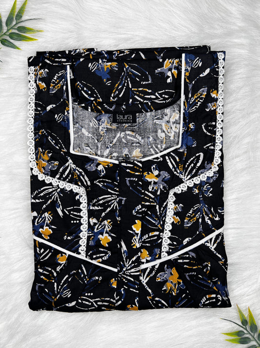 Onyx Floral Printed Mix and Match Square Neck Centre Long 12" Zip Pure Cotton Feeding Nighty Free Size Short Sleeve (Suits for bra size 34″- 40″ | 54-56 inch length)