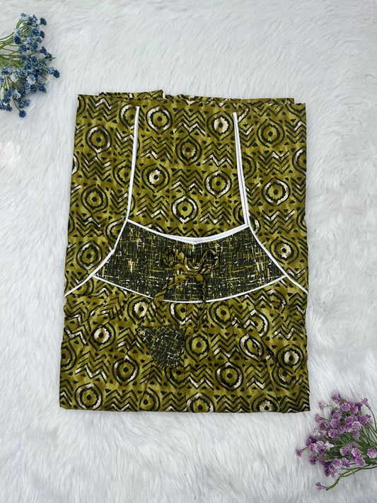 Brass and Heart Gold Printed Front and Back Pleated Pure Cotton Nighty Free Size Short Sleeve (Suits for bra size 34″- 40″ | 54-56 inch length)