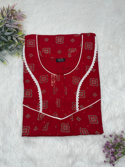 UP Maroon Printed Round Neck Normal Zip Pure Cotton Nighty Free Size Short Sleeve (Suits for bra size 34″- 40″ | 54-56 inch length)