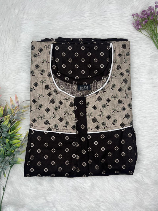 Grullo and Onyx Printed Round Neck Pleated Pure Cotton Feeding Nighty With Two Side Vertical Zip and Single Centre Zip Free Size Short Sleeve (Suits for bra size 34″- 40″ | 54-56 inch length)