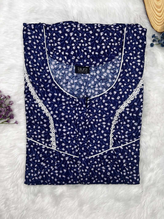 Oxford Blue Printed Round Neck Centre Long 12" Zip Pure Cotton Feeding Nighty Free Size Short Sleeve (Suits for bra size 34″- 40″ | 54-56 inch length)